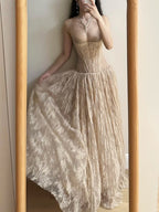 Elegant Nude Apricot A-Line Deep V Halter Lace Long Formal Prom Dresses Bridesmaid Dresses