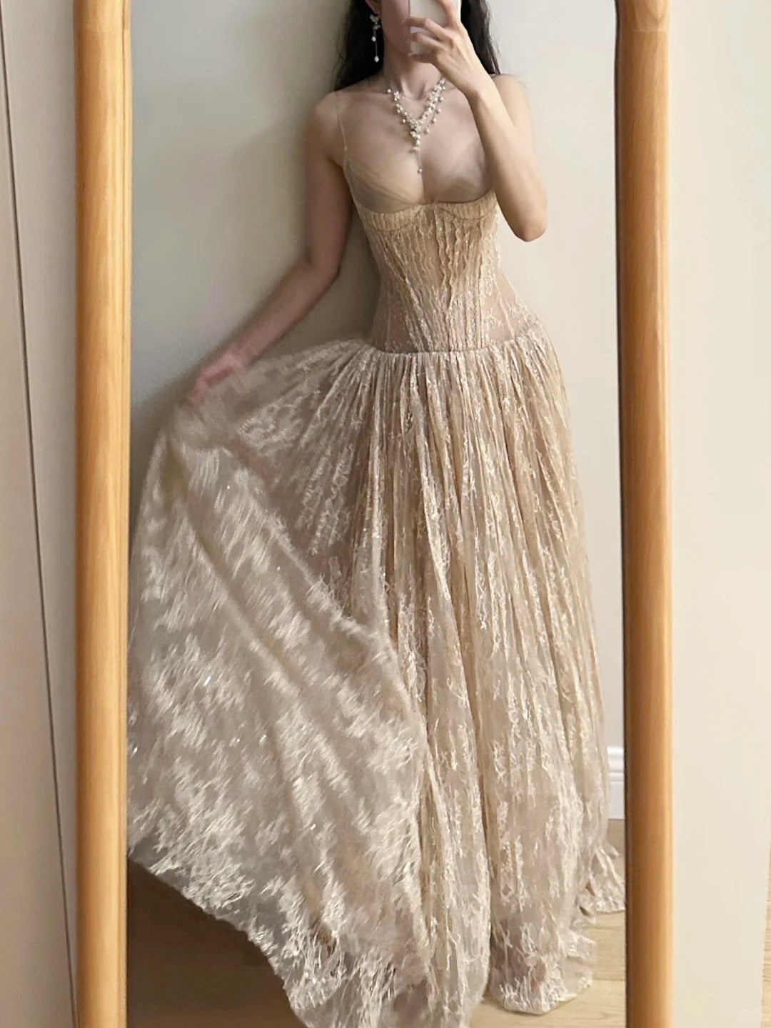 Elegant Nude Apricot A-Line Deep V Halter Lace Long Formal Prom Dresses Bridesmaid Dresses