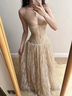 Elegant Nude Apricot A-Line Deep V Halter Lace Long Formal Prom Dresses Bridesmaid Dresses