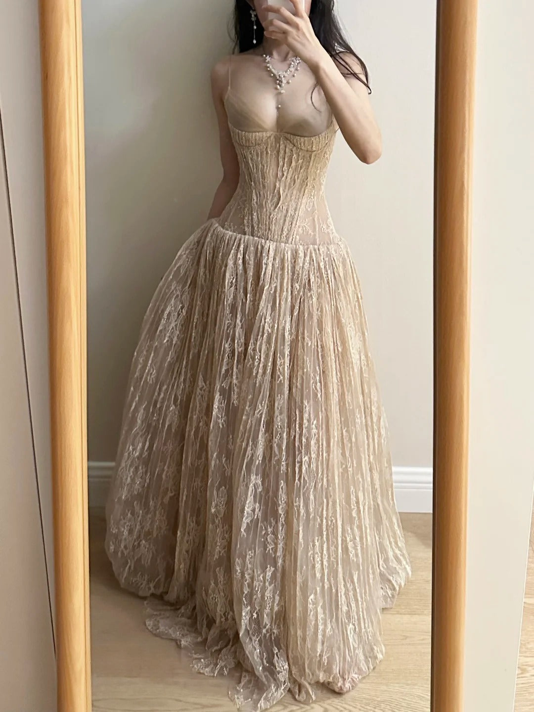 Elegant Nude Apricot A-Line Deep V Halter Lace Long Formal Prom Dresses Bridesmaid Dresses