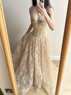 Elegant Nude Apricot A-Line Deep V Halter Lace Long Formal Prom Dresses Bridesmaid Dresses