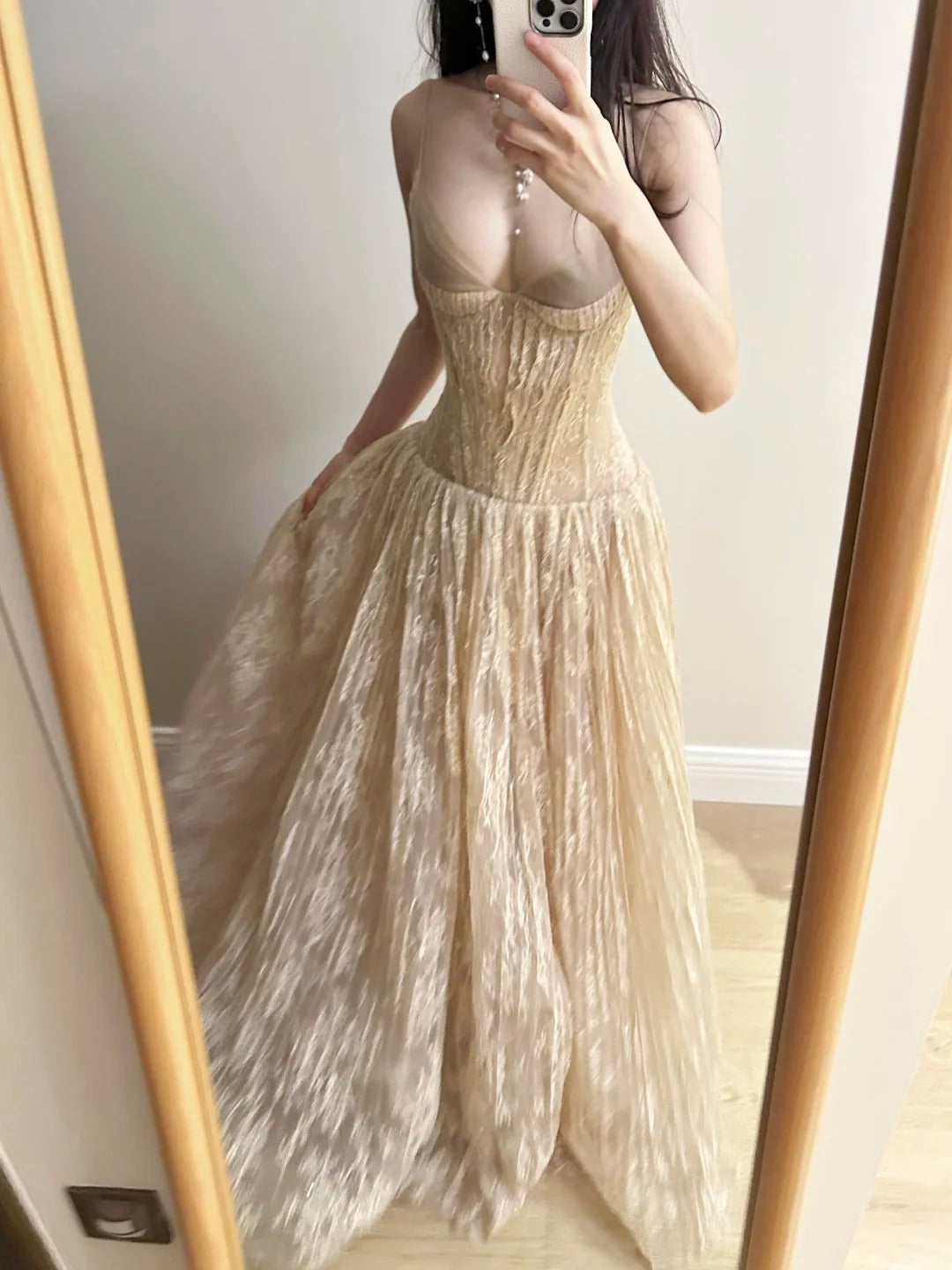 Elegant Nude Apricot A-Line Deep V Halter Lace Long Formal Prom Dresses Bridesmaid Dresses