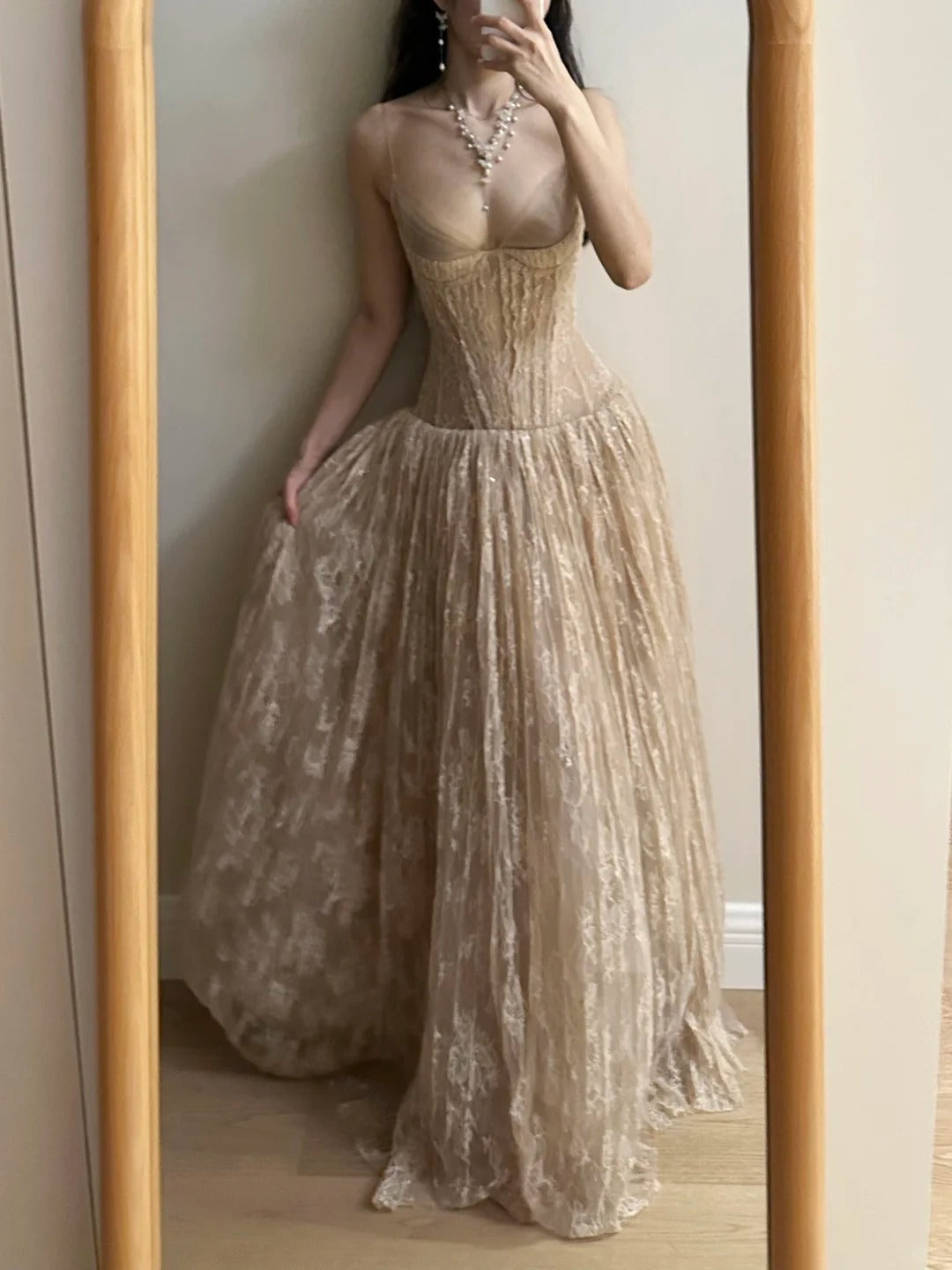 Elegant Nude Apricot A-Line Deep V Halter Lace Long Formal Prom Dresses Bridesmaid Dresses