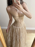 Elegant Nude Apricot A-Line Deep V Halter Lace Long Formal Prom Dresses Bridesmaid Dresses