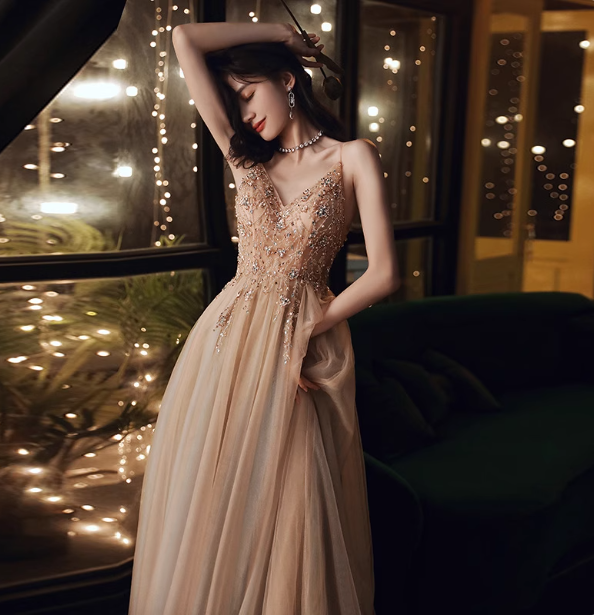 Elegant Nude Apricot A-Line Spaghetti Strap V-Neck Beaded Tulle Long Formal Prom Dresses