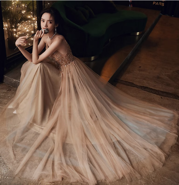 Elegant Nude Apricot A-Line Spaghetti Strap V-Neck Beaded Tulle Long Formal Prom Dresses