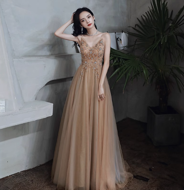 Elegant Nude Apricot A-Line Spaghetti Strap V-Neck Beaded Tulle Long Formal Prom Dresses