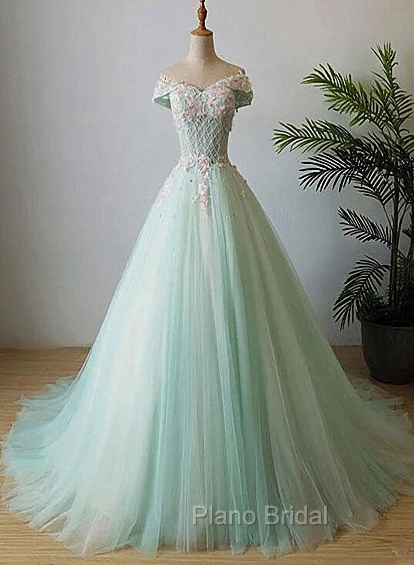 Elegant Off Shoulder Light Green Tulle Sweet 16 Dresses, Long Formal Gown Main image