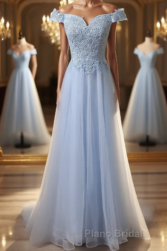 Elegant Off Shoulder Long Sky Blue Lace Formal Prom Dress, Off Shoulder Sky Blue Formal Dress, Sky Blue Lace Evening Dress Main image