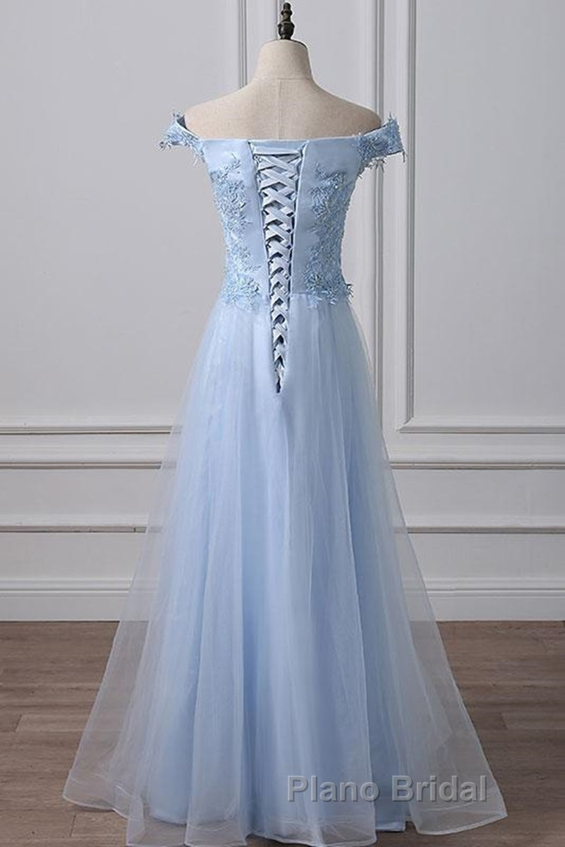 Elegant Off Shoulder Long Sky Blue Lace Formal Prom Dress, Off Shoulder Sky Blue Formal Dress, Sky Blue Lace Evening Dress