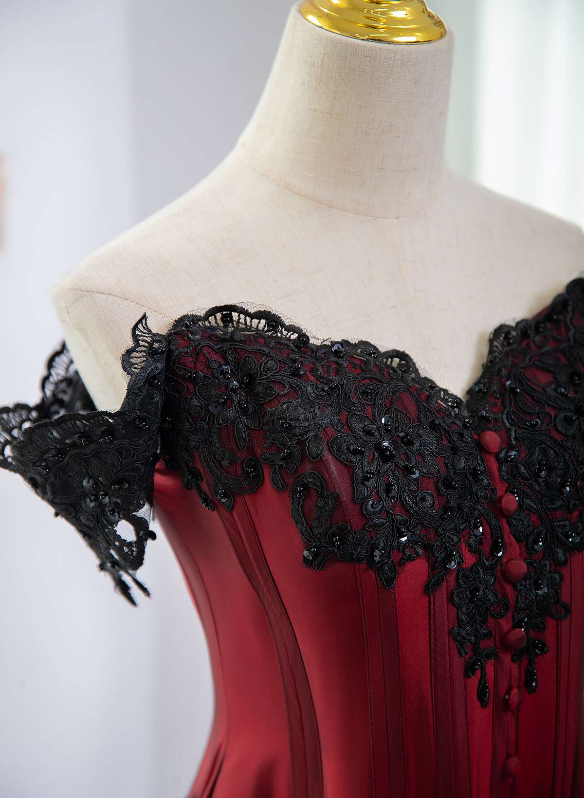 Elegant Off Shoulder Wine Red Formal Prom Dresses With Black Lace, Wine Red Formal Evening Dresses