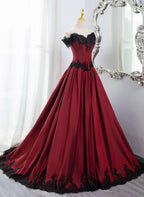 Elegant Off Shoulder Wine Red Formal Prom Dresses With Black Lace, Wine Red Formal Evening Dresses