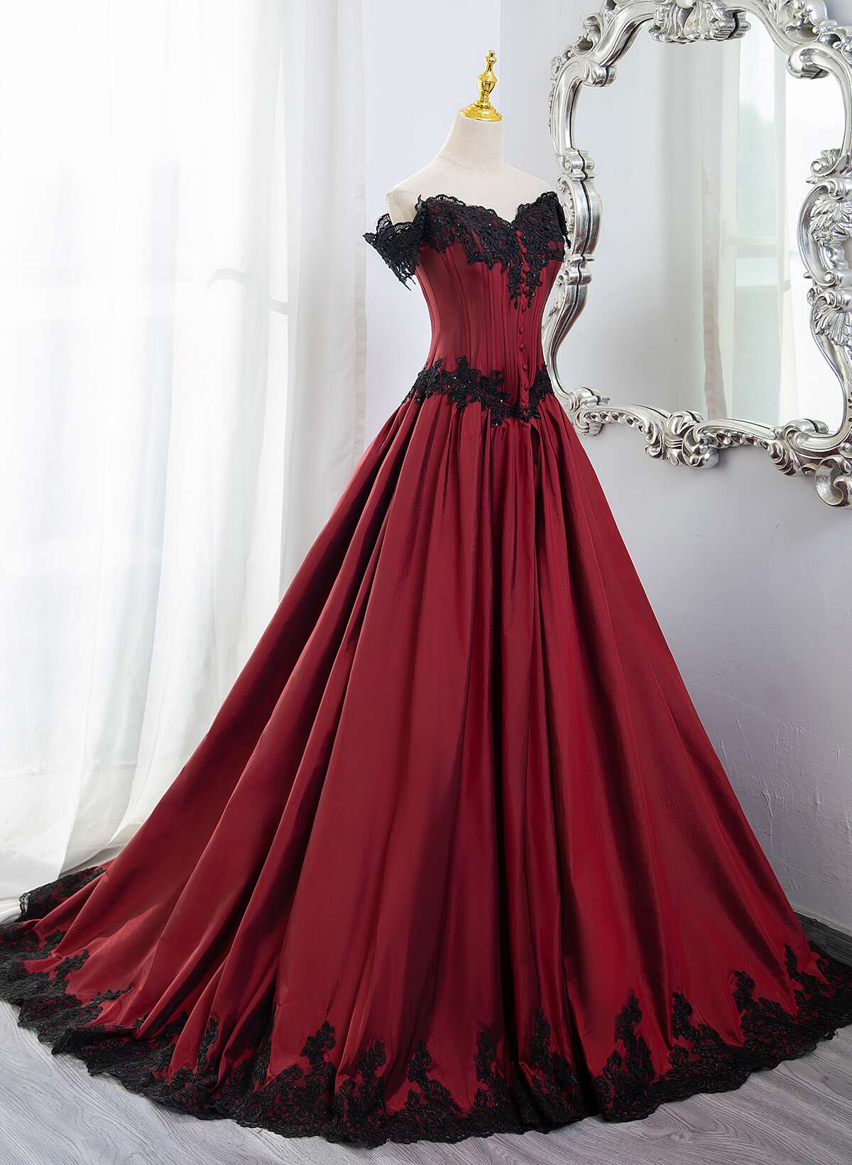 Elegant Off Shoulder Wine Red Formal Prom Dresses With Black Lace, Wine Red Formal Evening Dresses
