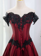 Elegant Off Shoulder Wine Red Formal Prom Dresses With Black Lace, Wine Red Formal Evening Dresses