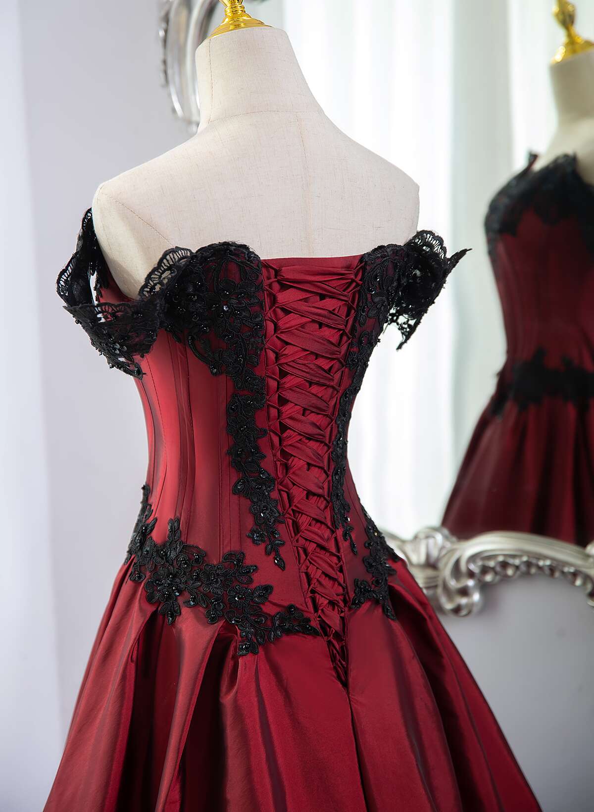 Elegant Off Shoulder Wine Red Formal Prom Dresses With Black Lace, Wine Red Formal Evening Dresses
