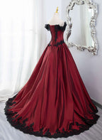 Elegant Off Shoulder Wine Red Formal Prom Dresses With Black Lace, Wine Red Formal Evening Dresses