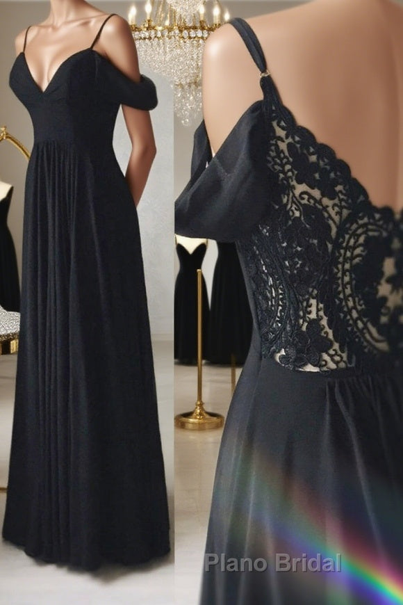 Elegant Off the Shoulder Black Long Formal Prom Dresses with Lace Back, Off Shoulder Black Lace Formal Evening Dresses Main image