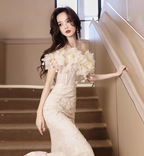 Elegant Off-White Mermaid Off-The-Shoulder 3D Floral Sequined Sheer Tulle Long Formal Prom Dresses