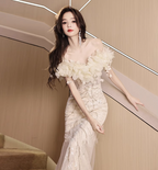 Elegant Off-White Mermaid Off-The-Shoulder 3D Floral Sequined Sheer Tulle Long Formal Prom Dresses