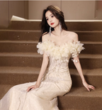 Elegant Off-White Mermaid Off-The-Shoulder 3D Floral Sequined Sheer Tulle Long Formal Prom Dresses