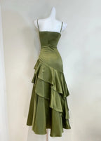 Elegant Olive Green Mermaid Ruffle Spaghetti Strap Satin Formal Prom Dresses