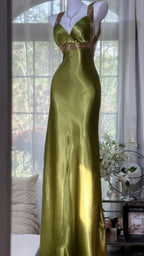 Elegant Olive-Green Mermaid V-Neck Backless Satin Long Formal Prom Dresses