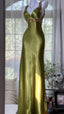 Elegant Olive-Green Mermaid V-Neck Backless Satin Long Formal Prom Dresses