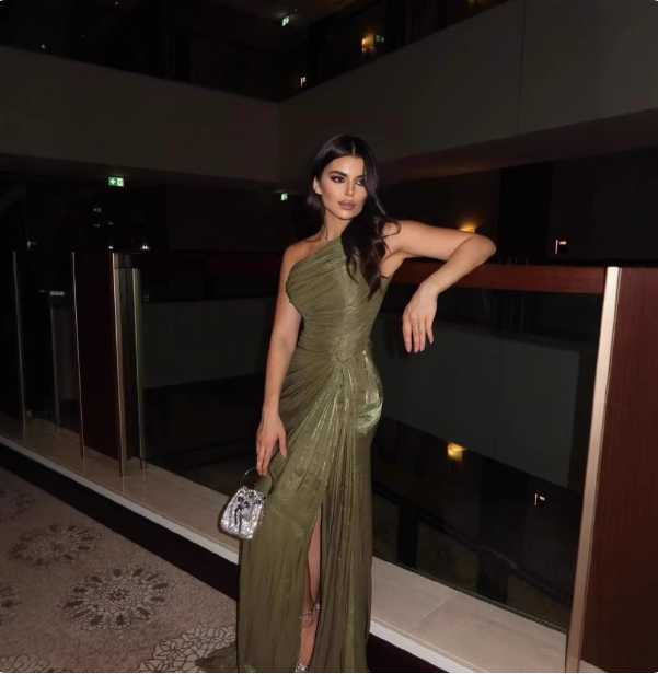 Elegant Olive Green One-Shoulder Ruffled Slit Satin Long Formal Prom Dresses