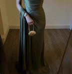 Elegant Olive Green One-Shoulder Ruffled Slit Satin Long Formal Prom Dresses