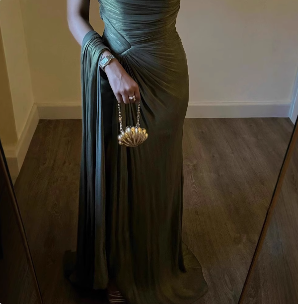 Elegant Olive Green One-Shoulder Ruffled Slit Satin Long Formal Prom Dresses