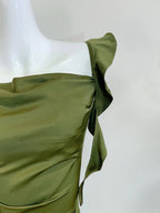 Elegant Olive Green Slim Fit Ruffled Satin Formal Prom Dresses