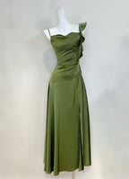 Elegant Olive Green Slim Fit Ruffled Satin Formal Prom Dresses