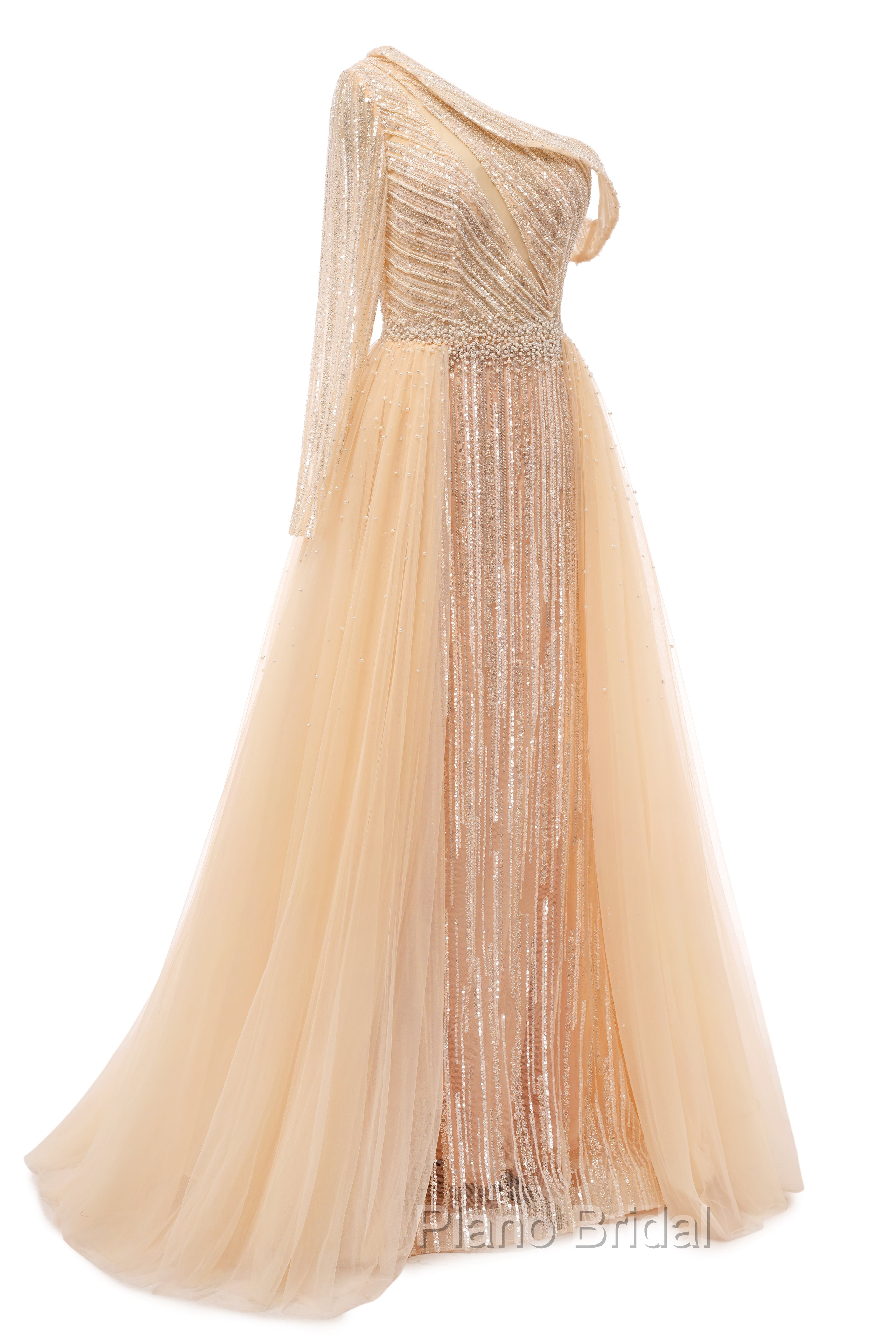 Elegant One Shoulder Beige Formal Prom Dresses Sheer Beading Lace Formal Dresses
