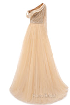 Elegant One Shoulder Beige Formal Prom Dresses Sheer Beading Lace Formal Dresses