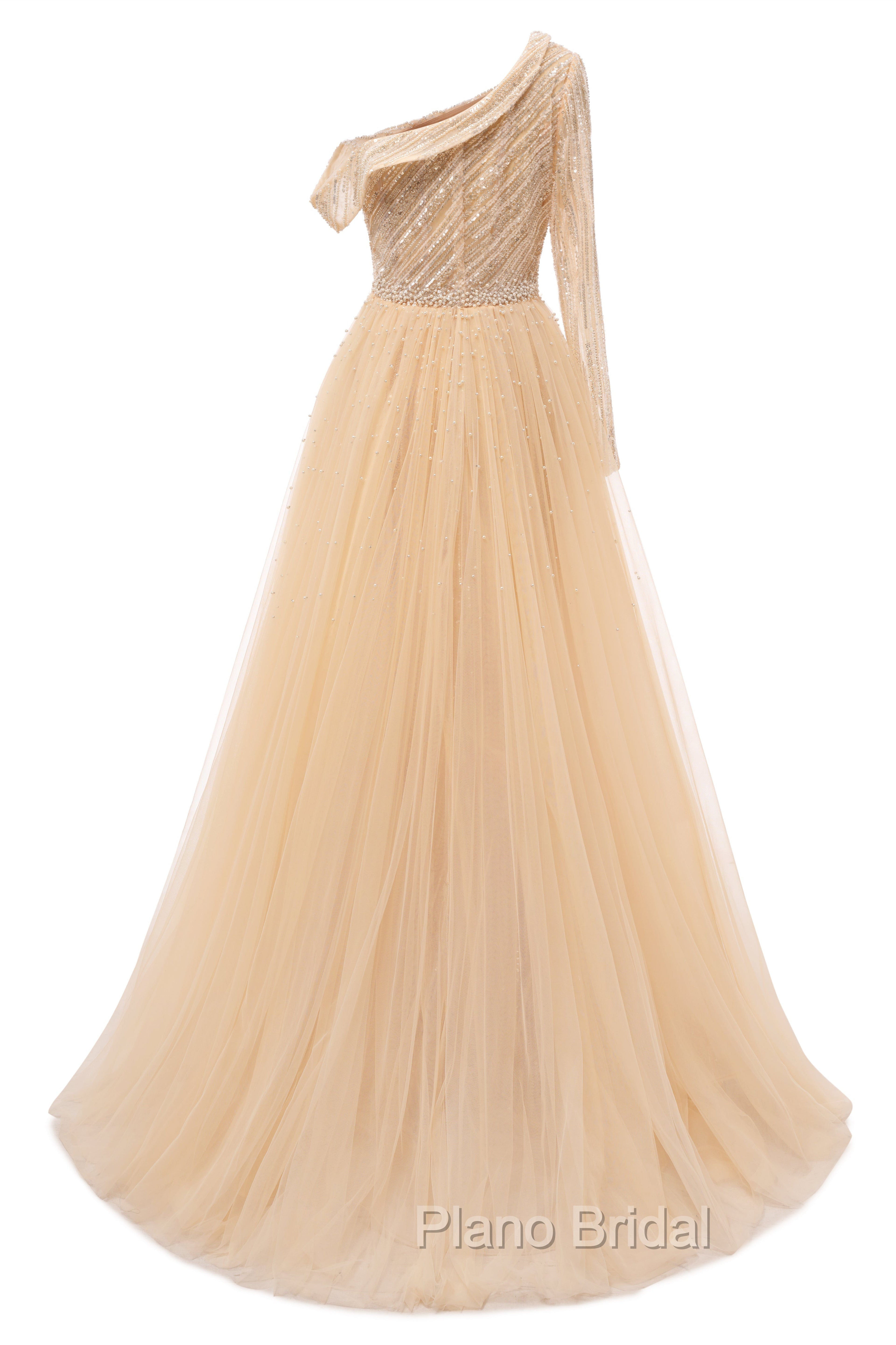 Elegant One Shoulder Beige Formal Prom Dresses Sheer Beading Lace Formal Dresses