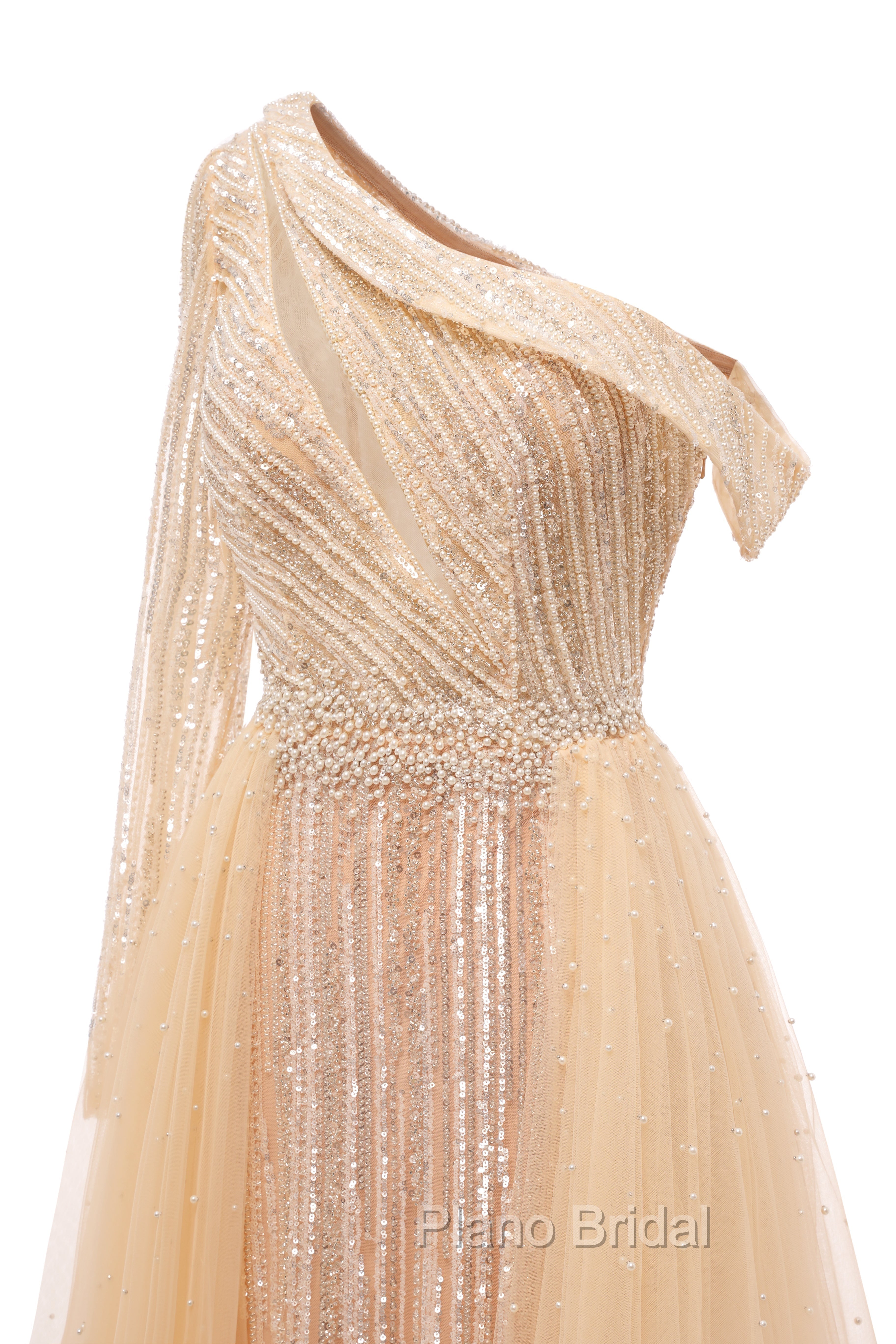 Elegant One Shoulder Beige Formal Prom Dresses Sheer Beading Lace Formal Dresses