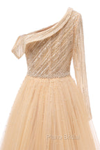 Elegant One Shoulder Beige Formal Prom Dresses Sheer Beading Lace Formal Dresses