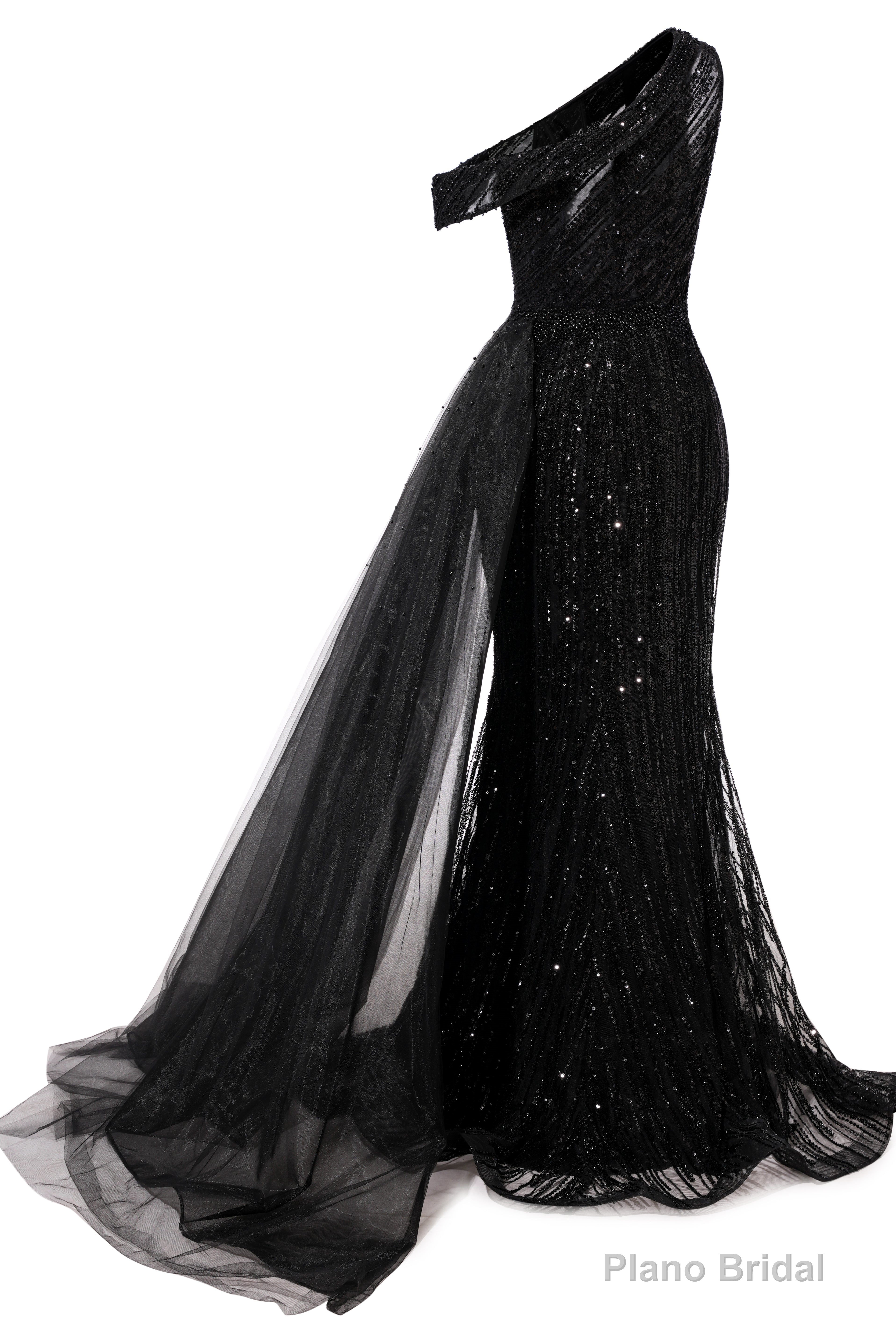 Elegant One Shoulder Black Prom Dresses Sheer Beading Lace Formal Dresses Secondary image