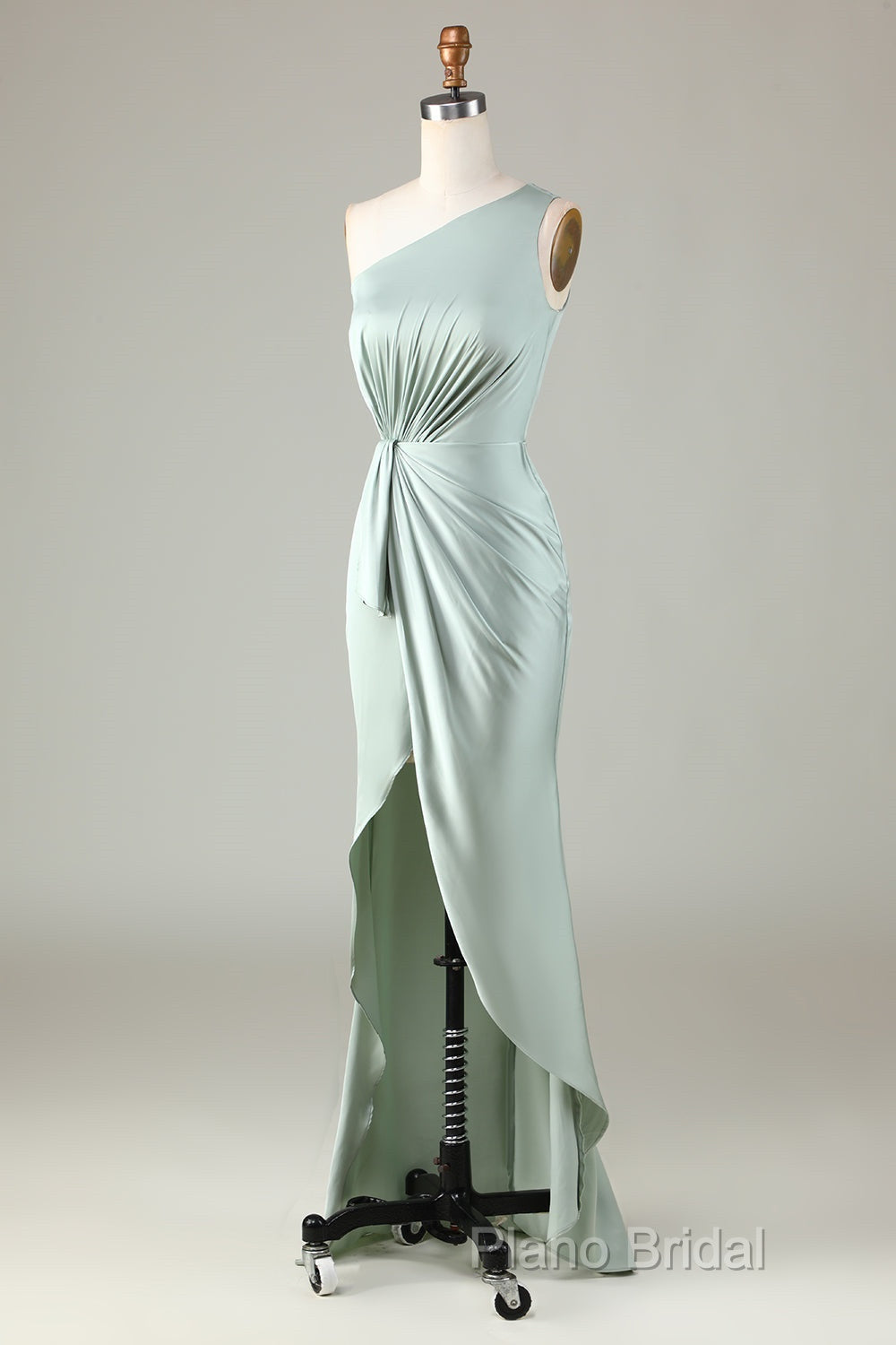 Elegant One Shoulder Matcha Ruched Long Bridesmaid Dresses