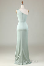 Elegant One Shoulder Matcha Ruched Long Bridesmaid Dresses