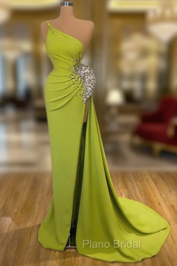 Elegant One Shoulder Mermaid Long Evening Dresses With Beads Slit Main image