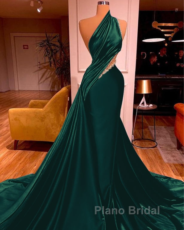 Elegant One Shoulder Mermaid Formal Prom Dresses Long Pleated with Beads Secondary image