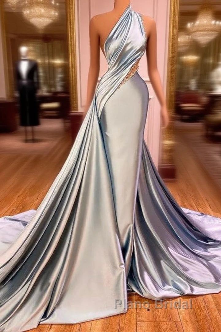 Elegant One Shoulder Mermaid Formal Prom Dresses Long Pleated with Beads Main image