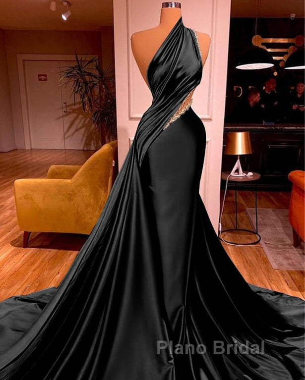 Elegant One Shoulder Mermaid Formal Prom Dresses Long Pleated with Beads