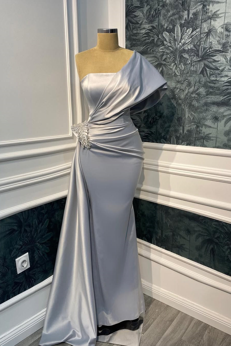 Elegant One Shoulder Satin Mermaid Prom Dresses Sheath Gem With Pleats Ruffles Main image