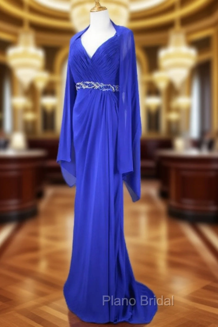 Elegant Open Back With Shawl V-neck Beaded Chiffon Royal Blue