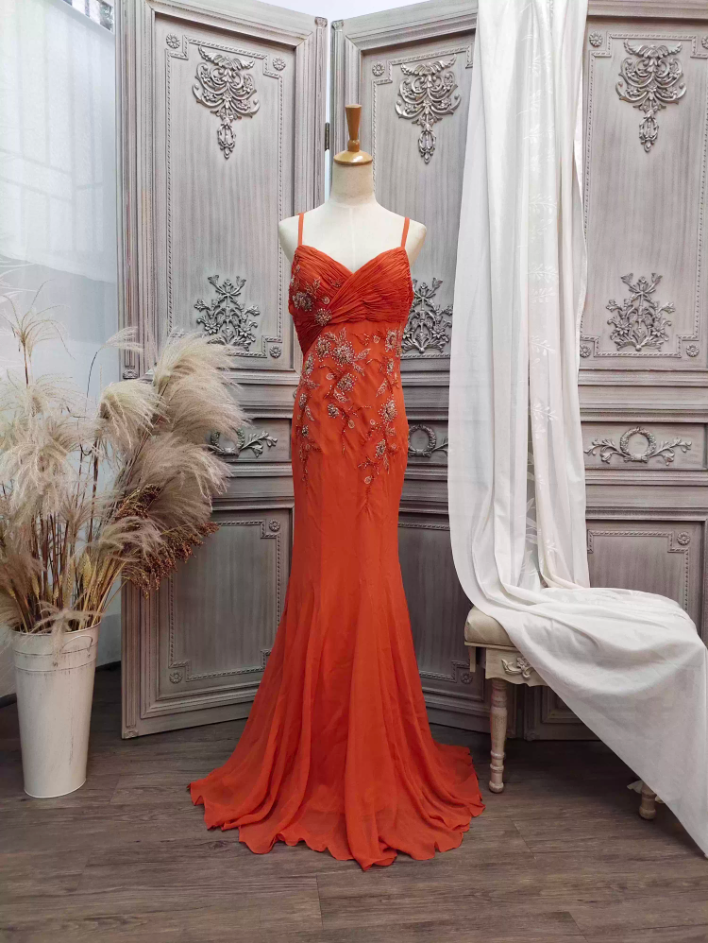 Elegant Orange Mermaid Spaghetti Strap Beaded Chiffon Long Formal Prom Dresses Secondary image