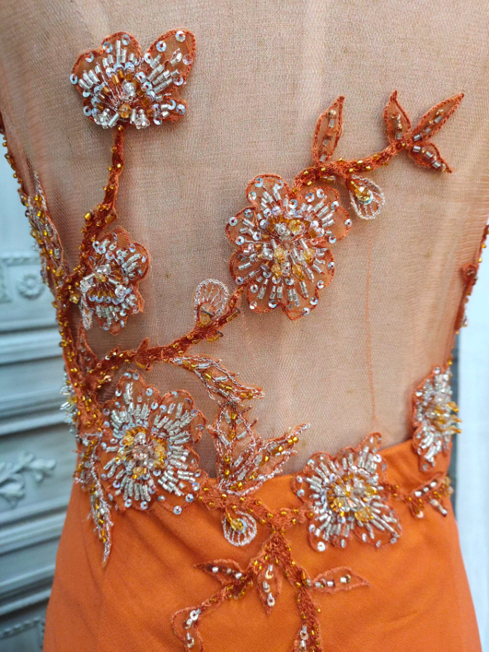 Elegant Orange Mermaid Spaghetti Strap Beaded Chiffon Long Formal Prom Dresses