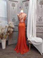 Elegant Orange Mermaid Spaghetti Strap Beaded Chiffon Long Formal Prom Dresses