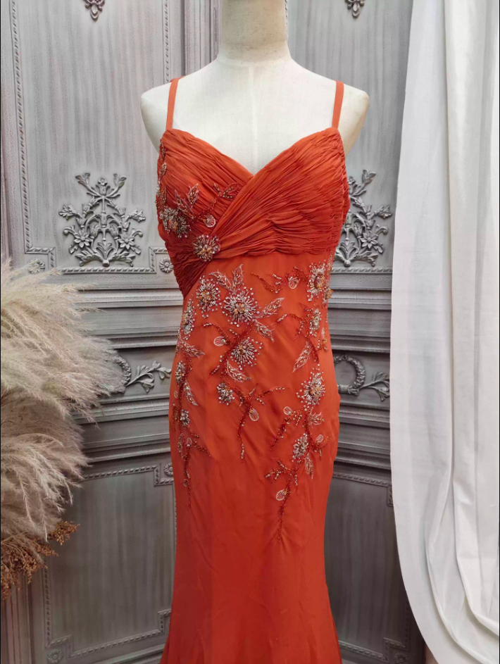 Elegant Orange Mermaid Spaghetti Strap Beaded Chiffon Long Formal Prom Dresses